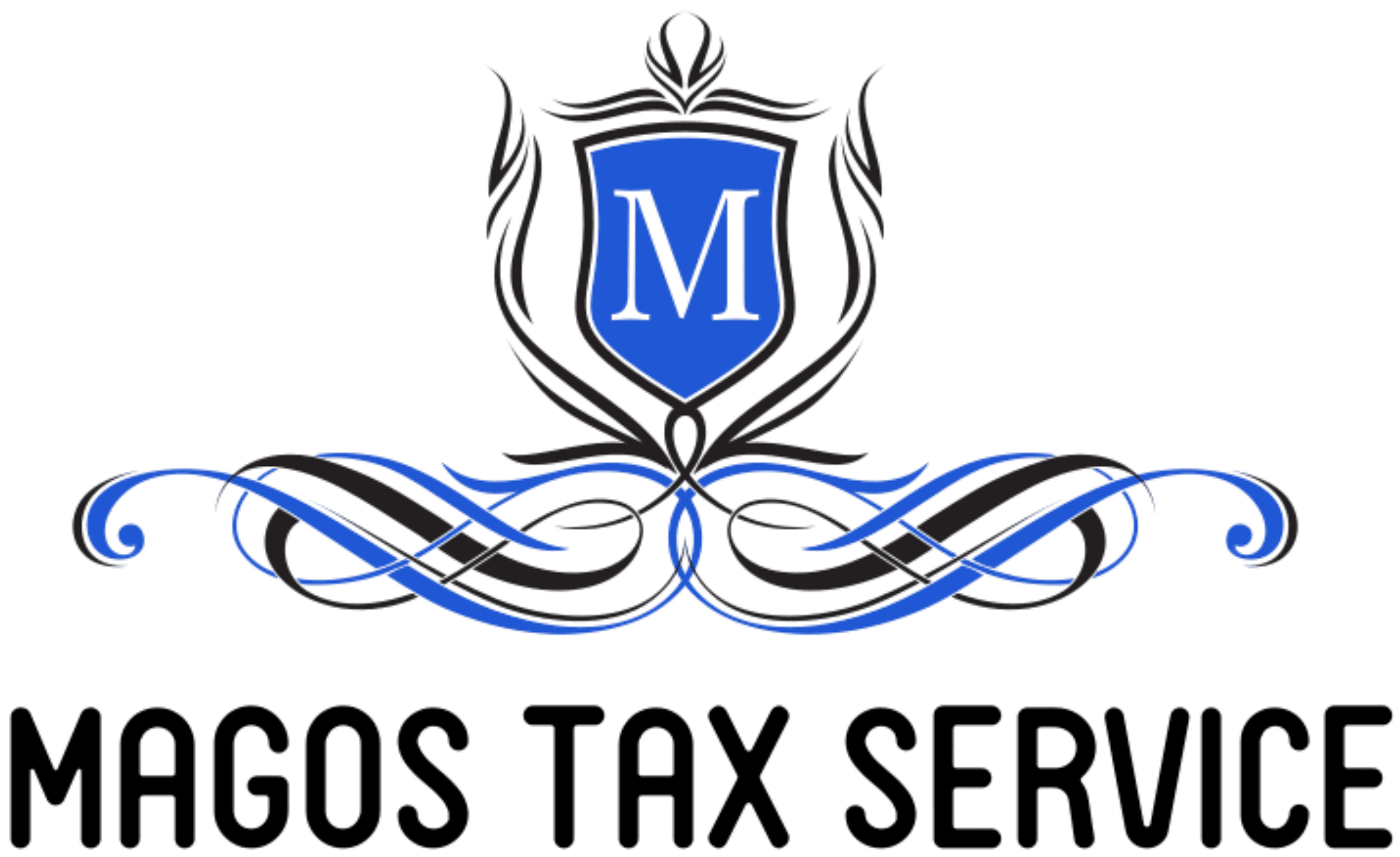 Untitled design (1) copy 10 Logo of Magos Tax Service with a blue shield featuring the letter "M," surrounded by black and blue ornamental designs.